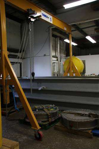 A GeoSpectrum Technologies C-BASS VLF sound projector undergoing underwater testing in a land-based test tank. Photo: GeoSpectrum Technologies