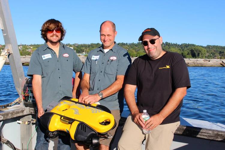 Andy Goldstein, VP Engineering, VideoRay; Ben Kinnaman, CEO, Greensea; and Colin Riggs, Sr. Engineer, Greensea, conduct testing with Mission Specialist ROV. (Photo: Greensea)