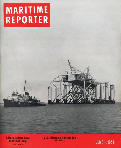 Gracing the cover of the June 1, 1957 edition was a  “Huge Oil Drilling Barge” the Margaret which was one of the largest ever built at 300 ft. long, 200 ft. wide and 93 ft. high, capable of an operating depth of 65 ft. Margaret was built by Alabama Dry Dock & Shipbuilding Company for the Ocean Drilling and Exploration Company, New Orleans.