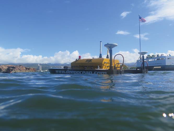 The H-1750 USV was able to be easily transported to Ford Island in the back of a small truck to continue running surveys at the partially submerged USS Utah. (Photo: Shaan Hurley)