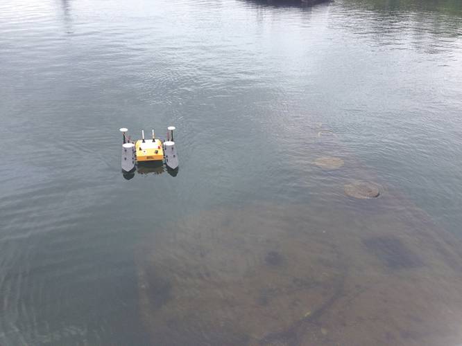 The H-1750 USV’s shallow drafting and maneuverability made it a suitable fit for the shallow waters above the sunken warship USS Arizona. 		 (Photo: AJ Cecchettini)
