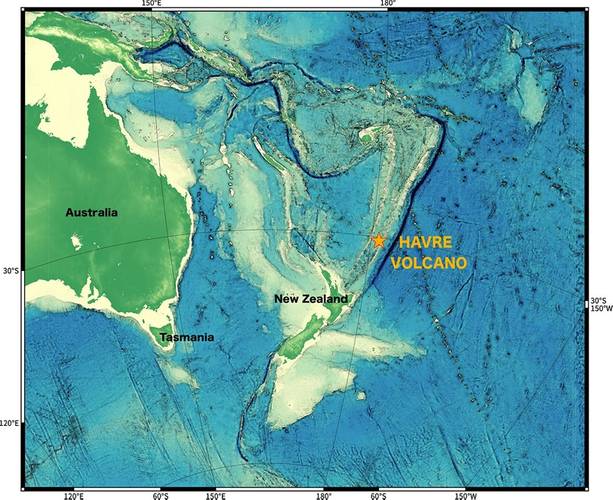 The Havre volcano is located off the coast of New Zealand in the Kermadec Region, a volcanically active and tectonically complex plate boundary system. (Image courtesy of the Sentry Group, WHOI)