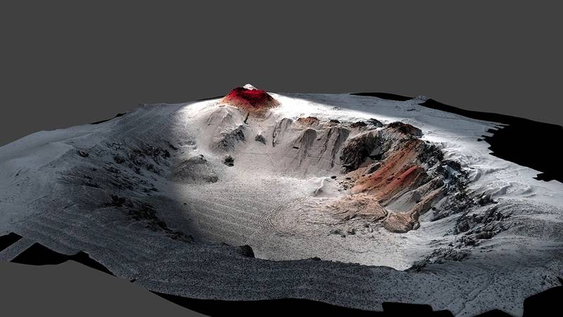 High-resolution seafloor topography of the Havre caldera mapped by the autonomous underwater vehicle (AUV) Sentry shows the new 2012 erupted lavas in red. The volcano is nearly a mile deep (1,519 meters). The top of the volcano is at 650 meters below sea level. (Image credit: Rebecca Carey, University of Tasmania, Adam Soule, WHOI, ©Woods Hole Oceanographic Institution)