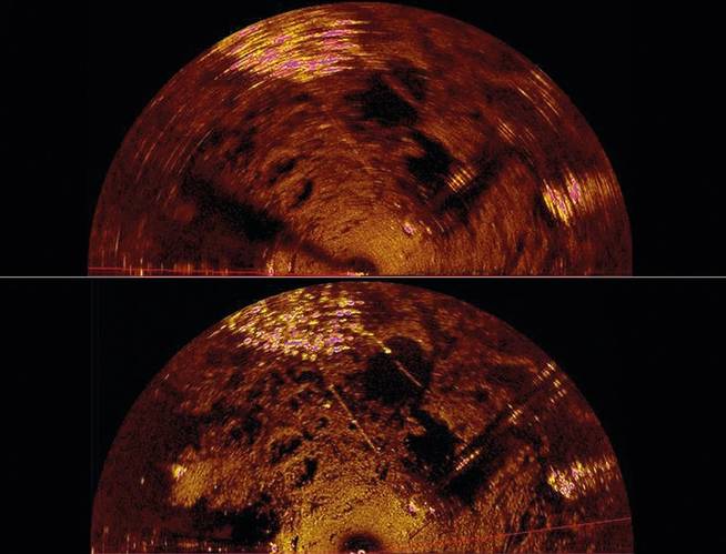 Top image: acquired with a standard domed scanning sonar and shows less detail. Bottom image: acquired with Clariscan is clearer and more detailed than a standard domed scanning sonar (Image: KONGSBERG)