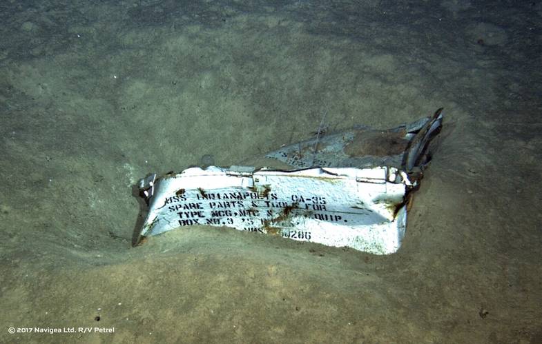An image shot from a ROV shows a spare parts box from USS Indianapolis on the floor of the Pacific Ocean in more than 16,000 feet of water. (Photo courtesy of Paul G. Allen)