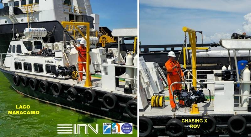 An INMARVENCO C.A. crew deploys a CHASING X industrial ROV from the support vessel Lupara II during an underwater pipeline inspection in Lake Maracaibo, Venezuela.Courtesy of INMARVENCO C.A. and CHASING.