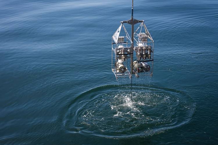 The in-situ 'Cocktail' incubator (Chamber Oxygen Collector Kit Tracer Analyser Insitu Logger) is recovered following 24 hours of free-floating; where multiple incubation experiments were carried out, alongside oxygen monitoring. This SID (Submersible Incubation Device) measures microbial activity and respiration in the oxygen minimum zone in situ.
Credit: Alex Ingle / Schmidt Ocean Institute
