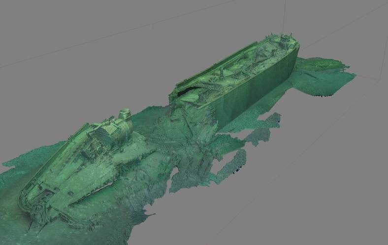 Isometric perspective of the photogrammetric model produced at the site of wooden bulk carrier New Orleans during Phase IV ‘work-up’ dives. This view shows the collapsed stern structure around the boiler and engine, the break at the start of the cargo holds, and the upright remains of the cargo holds and bow. (Credit: NOAA, Thunder Bay National Marine Sanctuary)