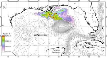 Dr. Jason Jolliff's hindcasts, following the Deepwater Horizon blowout, show the Gulf's Loop Current pinched itself off in a closed eddy. The natural weathering of oil, as he modeled with a decay constant, also explains why Florida beaches weren't harmed. "When we look at oceanographic problems, we have to understand the scales of time and space we're dealing with," he says. (Image: Jason Joliff; labels superimposed)