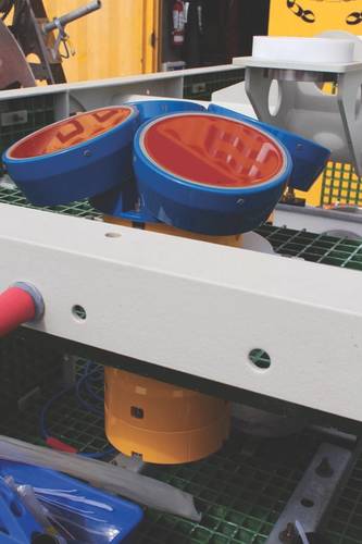 Fig.6. A 150 kHz ADCP atop a junction box, prior to deployment at 2900 m. (Credit: M. Elend, University of Washington)