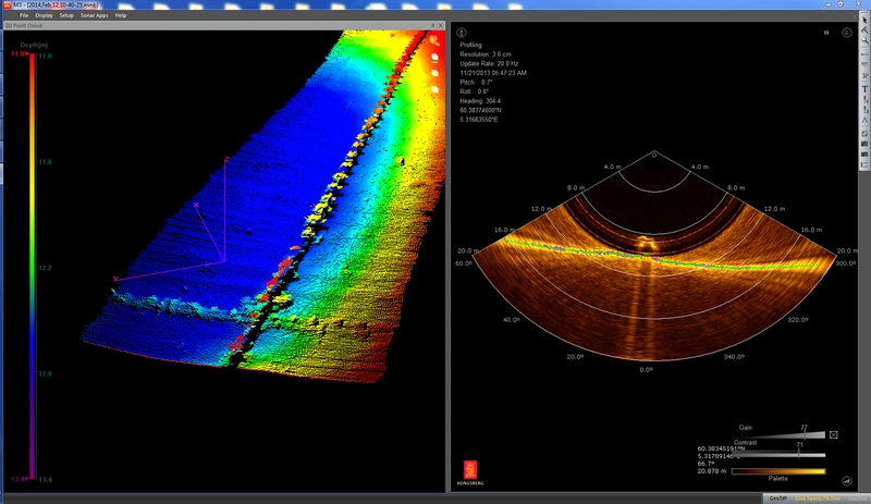 The Kongsberg M3 sonar offers a range of imaging and profiling options in a single head. This example shows pipeline profiling. (Image: Saab Seaeye)