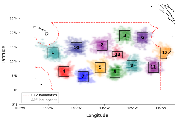Larval dispersal footprints and spatial configuration of the 13 Areas of Particular Environmental Interest (APEIs - outlined in black) in the Clarion Clipperton Zone, numbered according to their official designation. Colored dispersal footprints represent the spatial extent of larval settlement originating from each APEI at the end of their planktonic larval duration (cumulative results for 19-,35- and 69 days of simulated dispersal for 4 time periods: January 2019; July 2019; January 2023; and 