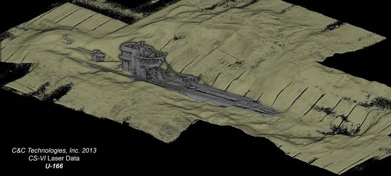 A 3D laser scan of the stern section of the German U-boat, U-166, that sunk in the Gulf of Mexico during World War II.  Credit: BOEM/C&C Technologies, Inc.