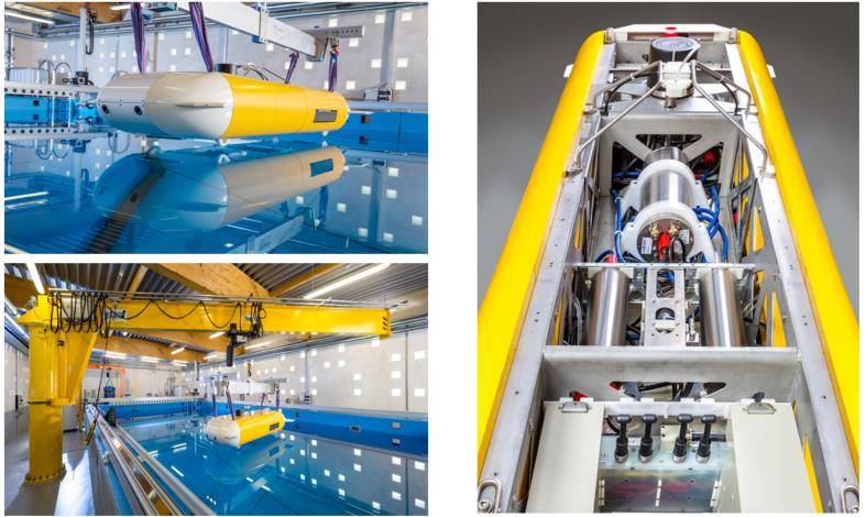 Left: the vehicle being deployed in Fraunhofer test tank, and right: internal view of the AUV (Photo: Kraken)