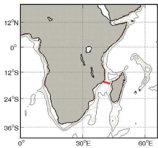 Fig. 2 - Location of LOCO moored array in Mozambique Channel. (Credit: H. Ridderinkhof (NIOZ) 2006. https://goo.gl/FrCL2b)