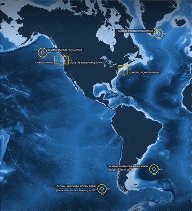 Locations of the Coastal, Global and Cabled Arrays that are part of the NSF-funded Ocean Observatories Initiative. 
(Illustration by U. Washington Center for Environmental Visualization, modified by WHOI Creative)
