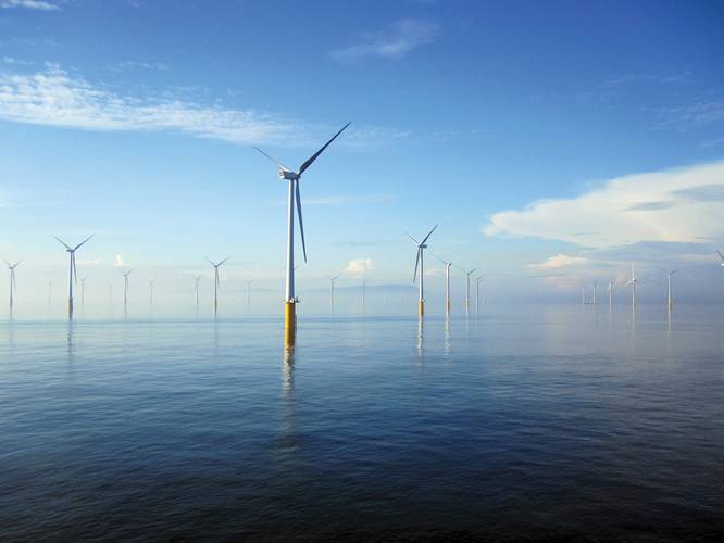 The London Array off the coast of Kent is the  largest offshore wind farm in the world.   (Credit: London Array Limited)