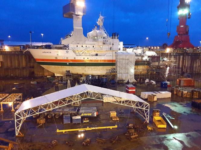 The 59.2 m long and 13.8 m wide ice-going research vessel Aranda has retained the conventional shafting, while an electrically powered SCHOTTEL Pump Jet of type SPJ 132 RD is to be installed as a new auxiliary propulsion unit. (Photo: SYKE/MRC)