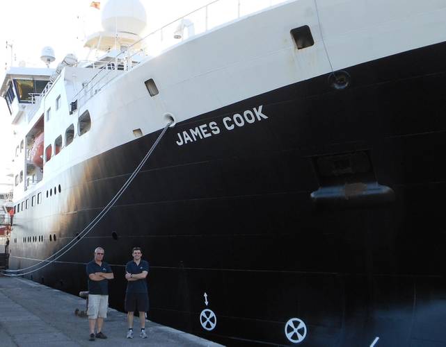The MarineE-tech program is led by the National Oceanography Center (NOC) using the RRS James Cook.  Jon Taylor and Neil Crossouard, HR Wallingford scientists, who are taking part in the MarineE-tech research expedition. (Photo: NOC)