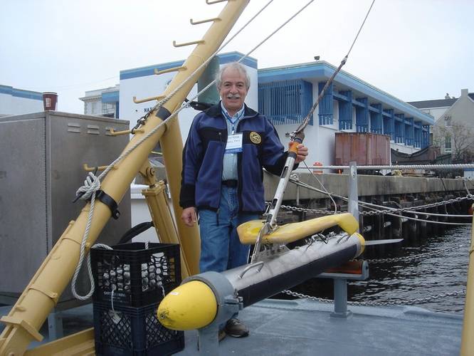 Martin Klein with a Klein  multibeam side scan sonar. “We were proud that side scan was able to finally replace the old wire drag technology.” (courtesy Martin Klein and the MIT Museum)