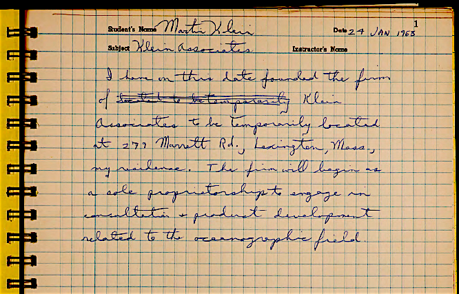 A page from Martin Klein’s Laboratory Notebook noting the founding of Klein Associates. (courtesy Martin Klein and the MIT Museum)