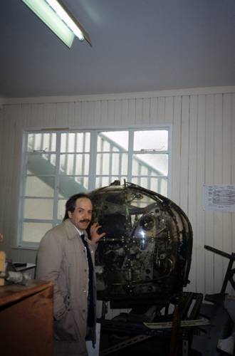 Marty Klein with a section of the Wellington Bomber that he helped to find in Loch Ness in 1976. (courtesy Martin Klein and the MIT Museum)