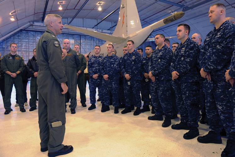 Rear Adm. Matthew Klunder, Chief of Naval Research, meets with squadron personnel assigned to Scientific Development Squadron (VXS) 1 of the Military Support Division at the Naval Research Laboratory. VXS-1 supports the naval research enterprise by conducting manned and unmanned airborne science and technology operations.