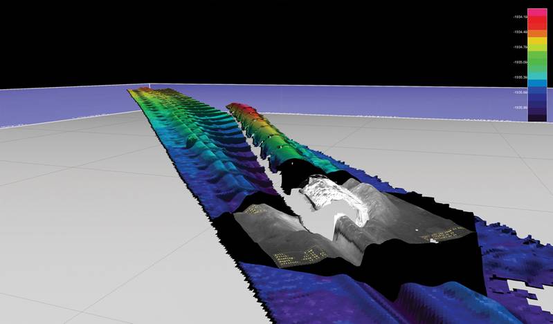  Meshed laser based micro-bathymetry data with a single still picture of a buoyancy collar overlaid onto the data.