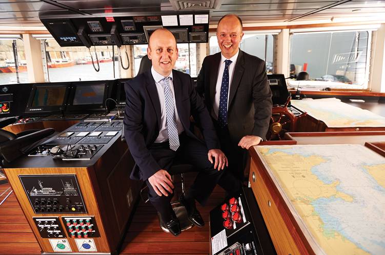 Sir Michael Bibby, MD, Bibby Line Group and Andrew McLeay, MD, Bibby HydroMap on board Bibby Athena to mark the rebrand of Osiris Projects to Bibby HydroMap.