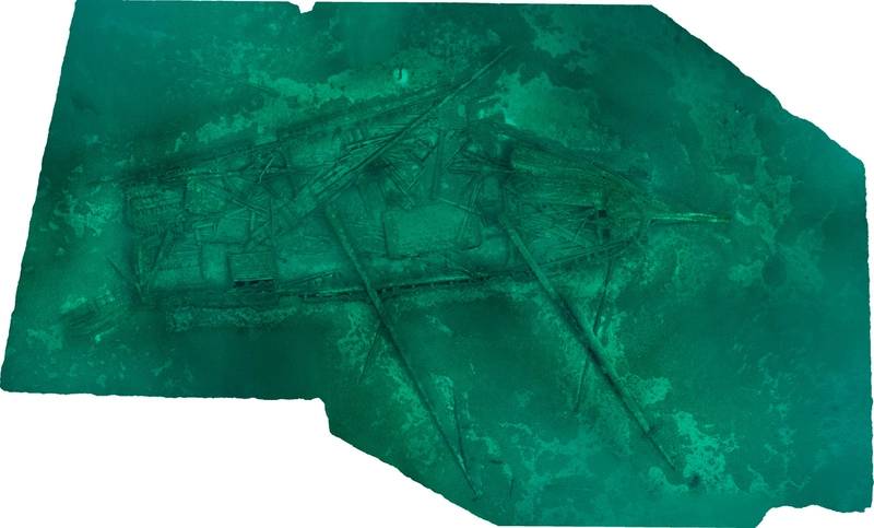 Plan view of the 3D model of schooner Northwestern, which sank in 1850, collected by Thunder Bay National Marine Sanctuary researchers in 2015. The model was generated through a process called photogrammetry, whereby numerous individual, overlapping single images are used to create a scaled, georeferenced model. (Image courtesy of Thunder Bay National Marine Sanctuary, NOAA)