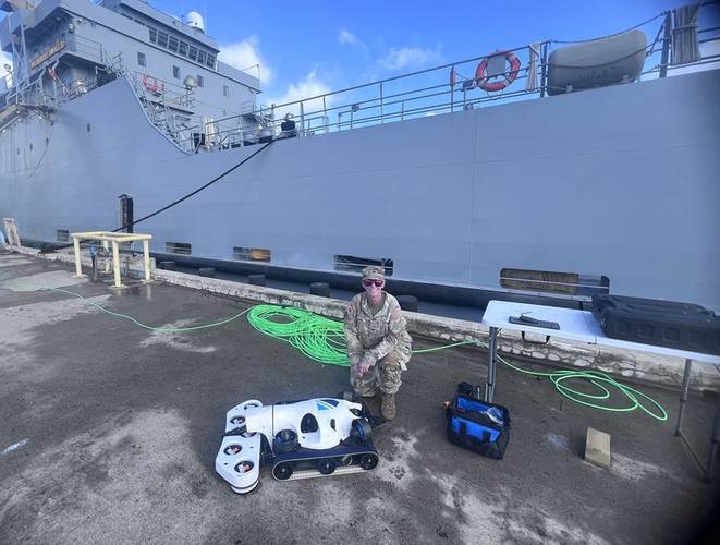 Modern robotic hull cleaners are being adopted by both commercial and military clients. Pictured is the Greensea IQ system before being put to the test late last year in Hawaii.
Image courtesy U.S. Army Colonel Rachael Hoagland