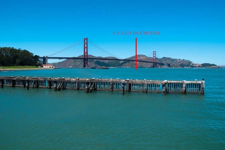 Modern view of the Golden Gate Channel and approximate location of the SS City of Chester (Credit: Robert V. Schwemmer, NOAA National Marine Sanctuaries)