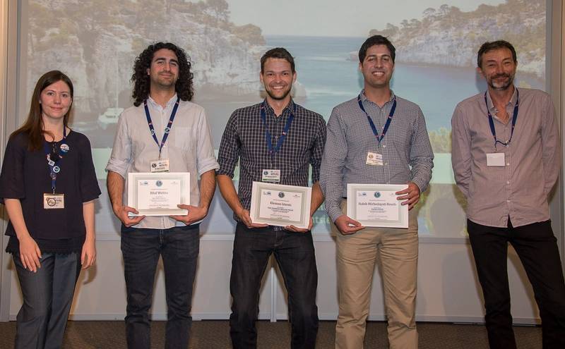 The MTS/IEEE OCEANS’17 Aberdeen Student Poster Competition (SPC) award winners, from left to right: Faye Campbell (Conference LOC SPC Chair), Bilal Wehbe (Second Place), Klemen Istenic (First Place), Habib Mirhedayati Rouds (Third Place), and Dr. Philippe Courmontagne (IEEE OES SPC Chair). (Photo courtesy IEEE OES)