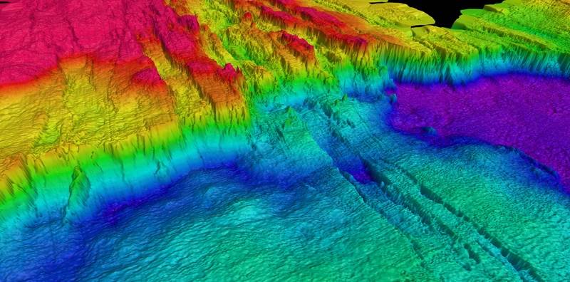 M3 multibeam data from the Los Huellos East caldera, showing the spires from the new Tortugas vent field in the center of the image.
Copyright: Schmidt Ocean Institute