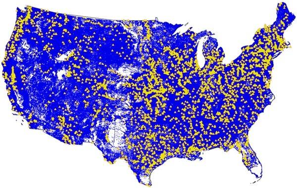 The new National Water Model will provide river forecast guidance at 2.7 million locations (in blue), complementing the 4,000 locations (in yellow) where National Weather Service river forecasts are currently issued. (Credit: NOAA)