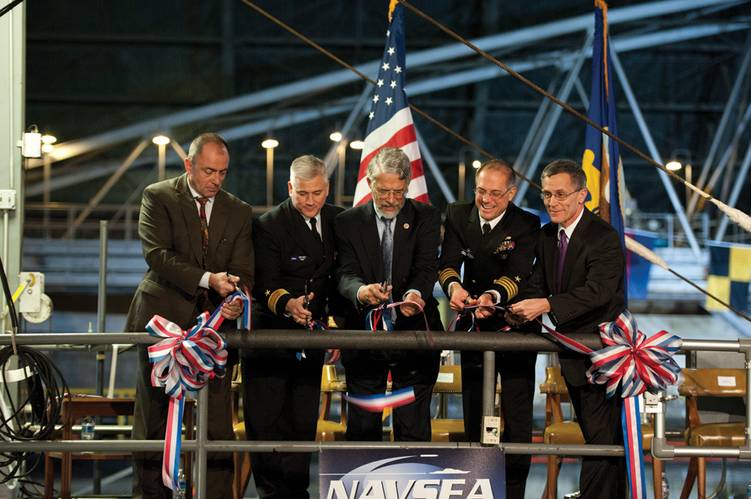 Naval Surface Warfare Center, Carderock Division Naval Architecture & Engineering Department Head, Jon Etxegoien, right, Naval Surface Warfare Center Commander, Rear Adm. Lawrence Creevy, Dr. John Holdren, Assistant to the President for Science and Technology, Director of the White House Office of Science and Technology Policy, and Co-Chair of the President’s Council of Advisors on Science and Technology, NSWC, Carderock, Commander Capt. Richard Blank, and NSWC, Carderock, Technical Director Dr.