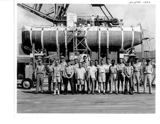 The U.S. Navy’s Trieste Team for Project Nekton at the Island of Guam November 1959.  There were just 20 of us, a mix of Navy uniformed and civilian personnel from the U.S. Navy Electronics Laboratory, San Diego CA.  Photo Courtesy Don Walsh