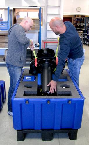 Nortek employees at Rud, Norway, as they prepare the Signature55 long range profiling instrument for shipment. (Photo: Nortek)