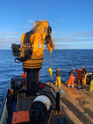 The Nortek Signature250 ADCP is deployed during a windfarm site survey undertaken by Partrac off the Orkney Islands, northern Scotland. Partrac chose the instrument because of its ability to provide highly accurate current profiling data out to 200 m, and wave height and direction data up to 150 m. Image courtesy Nortek
