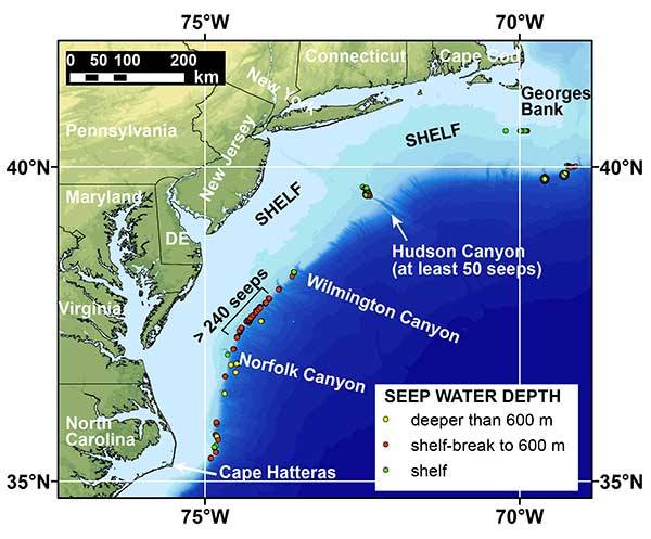 Map of the northern US Atlantic margin showing the locations of newly-discovered methane seeps mapped by researchers from Mississippi State University, the US Geological Survey, and other partners. None of the seeps shown here was known to researchers before 2012. (Credit: USGS)