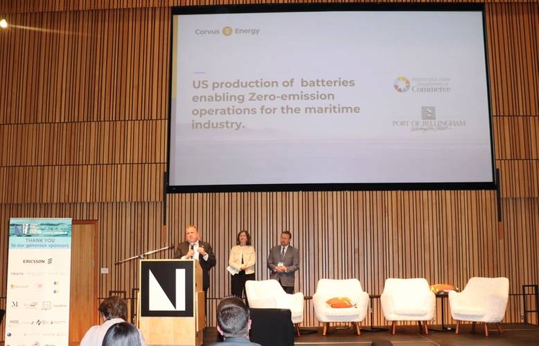 Norwegian Ambassador in America, Anniken Krutnes (speaker standing behind Geir Bjørkeli, CEO of Corvus Energy). Photo courtesy Corvus Energy