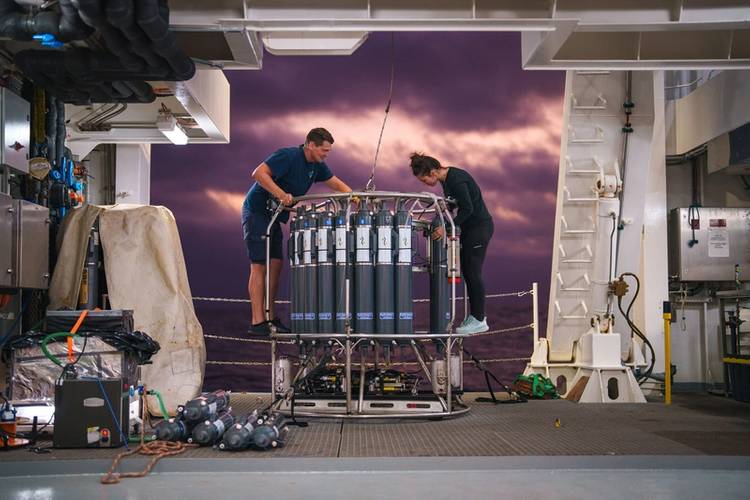 Josh O’Brien (Marine Technician) and Annabelle Adams-Beyea (Student, Montana State University) remove Niskin bottles from the CTD rosette prior to a re-deployment. Highly sensitive oxygen sensors were mounted on the CTD rosette which were used to make measurements of the extent of the oxygen minimum zone. "CTD" stands for conductivity, temperature, and depth, and refers to a package of electronic devices used to detect how the conductivity and temperature of water changes relative to depth.
Cred