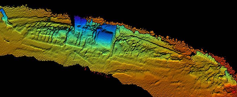 Coda Octopus 3-D Echoscope sonar, downward view of the shipwreck SS City of Chester with sternpost, (left side of sonar image) compound steam engine and boilers (in blue middle of sonar image), and bow (right side of sonar image). Credit: Coda Octopus/NOAA