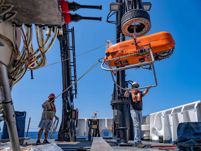 Orpheus AUV was one of several technologies tested aboard Okeanos Explorer in 2021 to enable deeper and more comprehensive exploration than previously possible. Credit: Art Howard Photography/GFOE
