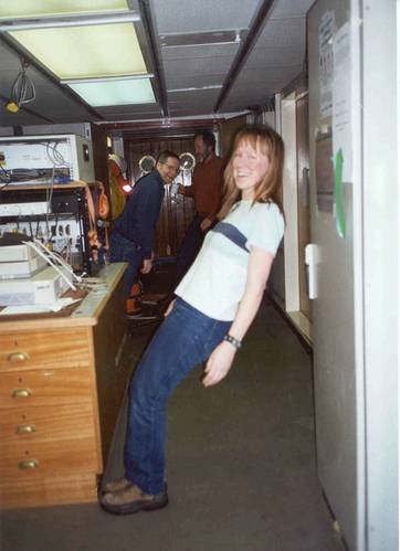 Penny on the RRS Discovery on the monster wave year 2000 expedition. Image courtesy NOC