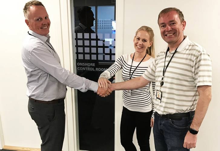 Pictured is Statoil company  representative for ROV service agreements; Trond Eriksen and Snorre B  Subsea engineer; Silje Ramvik together with IKM Subsea’s Operations Director; Jan Vegard Hestnes outside one of the Onshore Control Rooms after signing the CAT.. (Photo: IKM Subsea)