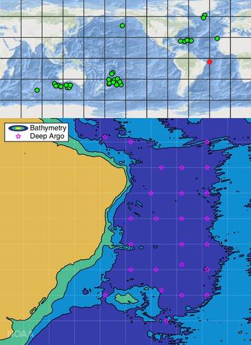 The planned Deep Argo float deployments in the Atlantic east of Brazil (bottom, and red dot, top) will expand the nascent global Deep Argo array (top). (Image: NOAA)