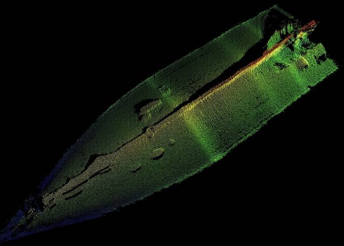 3D point cloud of the same vessel's hull obtained from multibeam sonar data. © IQUA Robotics