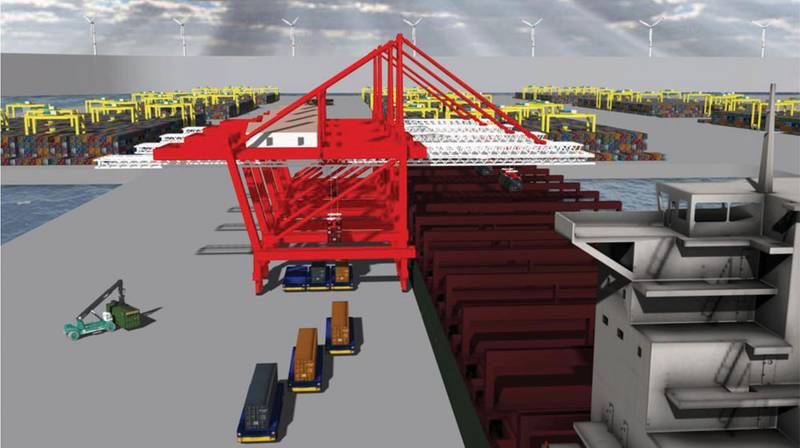Portunus showing interface of triple-pick cranes and automated guided vehicles and automated stacks in the background.  (LLNL photo; Inset photo courtesy ZPMC)