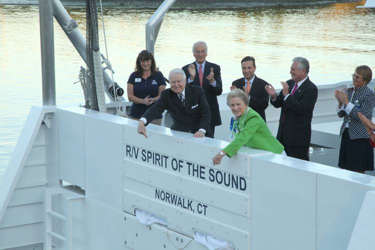 Principal donors for new research vessel that will conduct Marine Life Study cruises, Seal Spotting cruises and more for The Maritime Aquarium at Norwalk. From left: Cathy Hagadorn, educator; George Bauer, donor; Per Heidenreich, donor, State Senator Robert Duff; Carol Bauer, donor; Norwalk Mayor Harry Rilling; and Astrid Heidenreich, donor. 